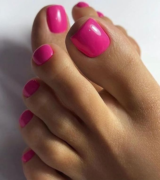 Morily Hot Pink Press on Toenails Short Square Fake Toenails Glossy Acrylic Toe