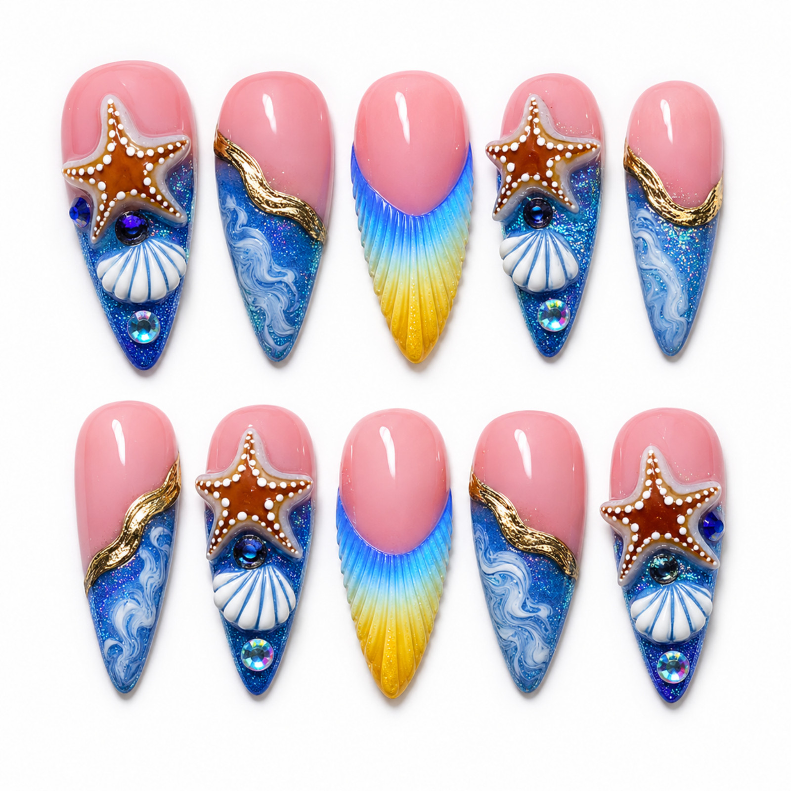 Handmade Beach Ocean Press-On Nails 3D Starfish Seashell Pink Blue Set