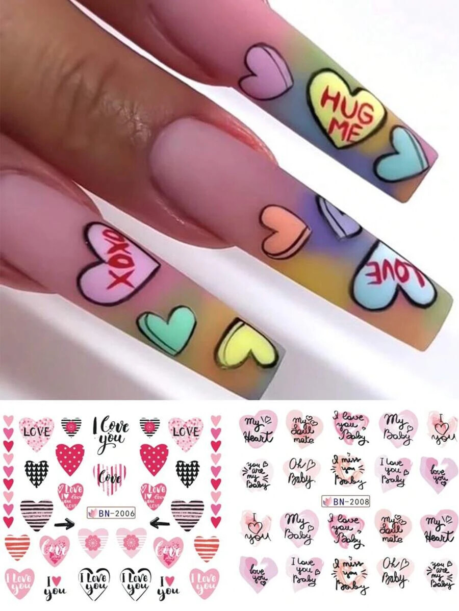 12 x Nail Stickers Valentines Day Art Water Decal Love Heart Sheets