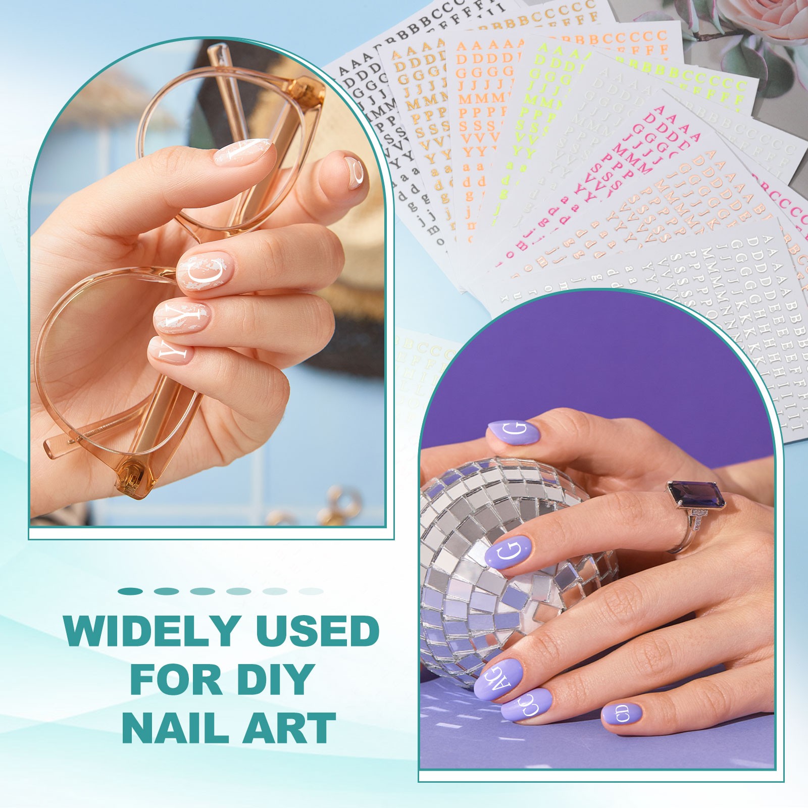 Letter Nail Stickers 8 Sheet 3D English Letter Nail Decal Fluorescent Orange