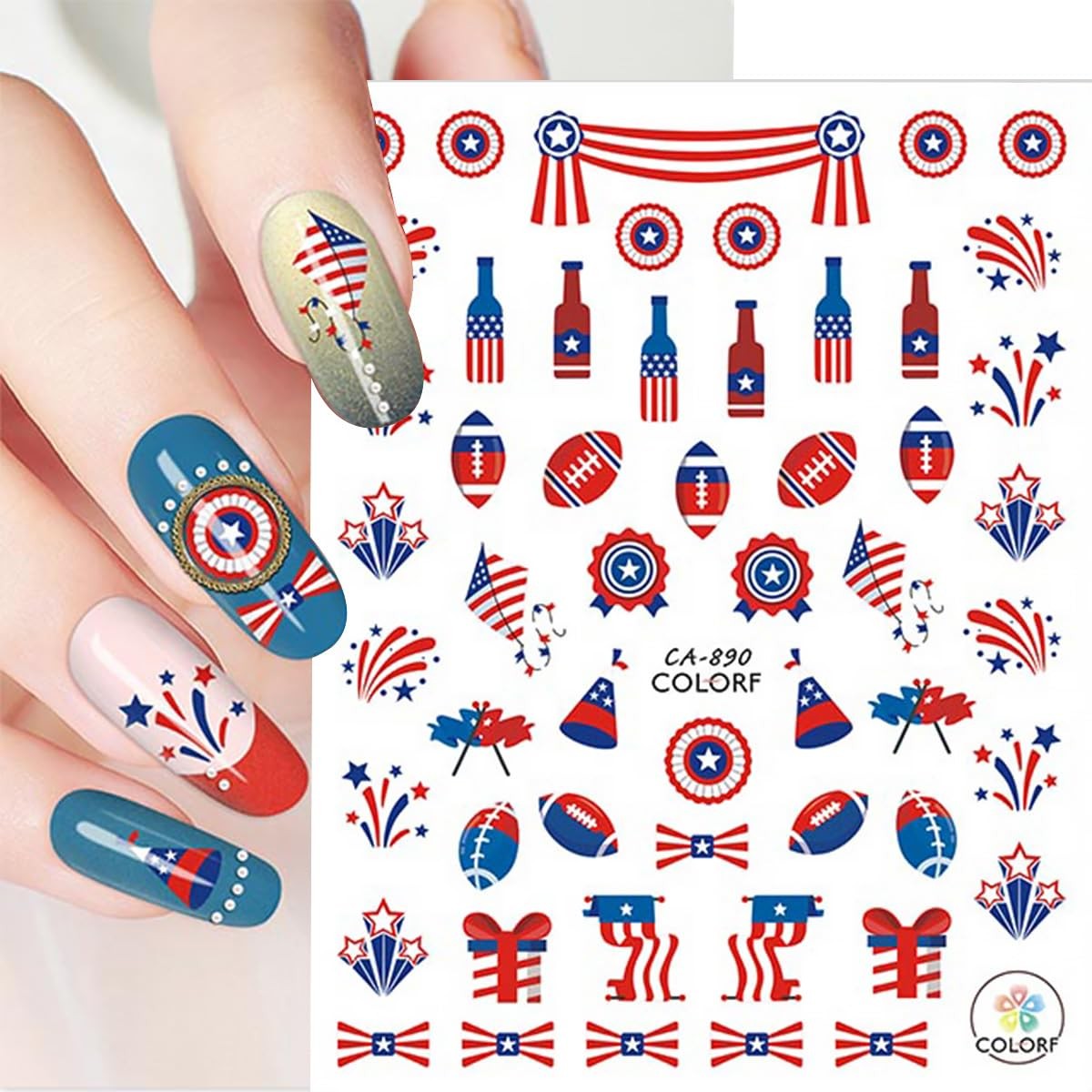 6 Sheets 4th of July Nail Stickers 3D -Adhesive Bow Star Fireworks Nail Decal…