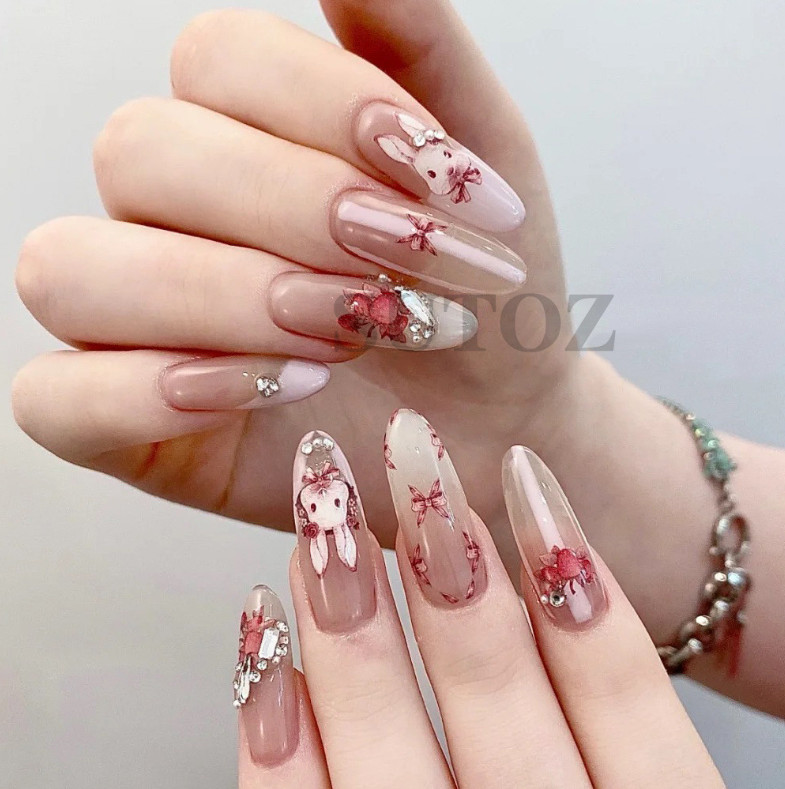 Nail Art Cute Girl Pink Bunny Animal Ribbon Sticker Rabbit Flower Manicure NH21