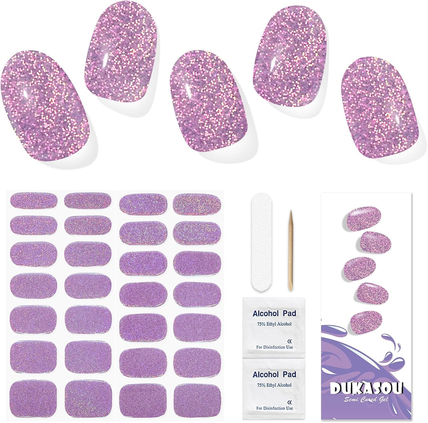 28Pcs Semi Cured Gel Nail Strips (Sliver Glitter), Gel Nail Stickers Work with A