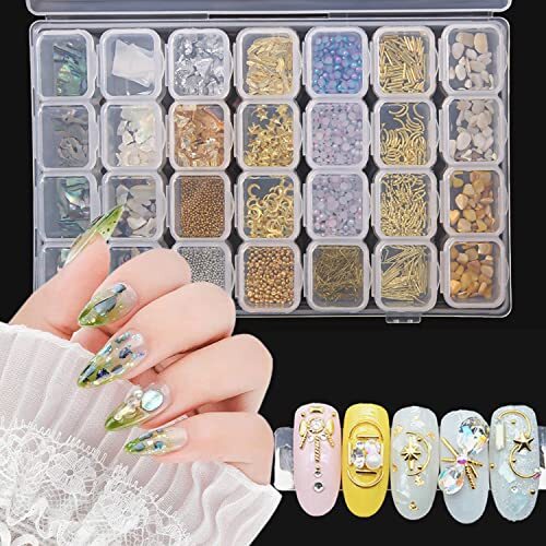 28 Grids Nail Art Decorations, Mixed Abalone Seashell Slices Pearl Bead Gold