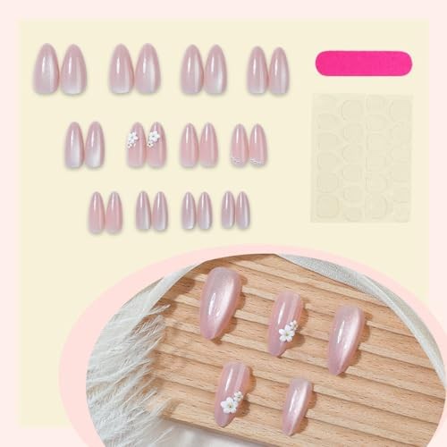 Almond Press On Nails – Fake Flower Pearls – Medium Almond FS41