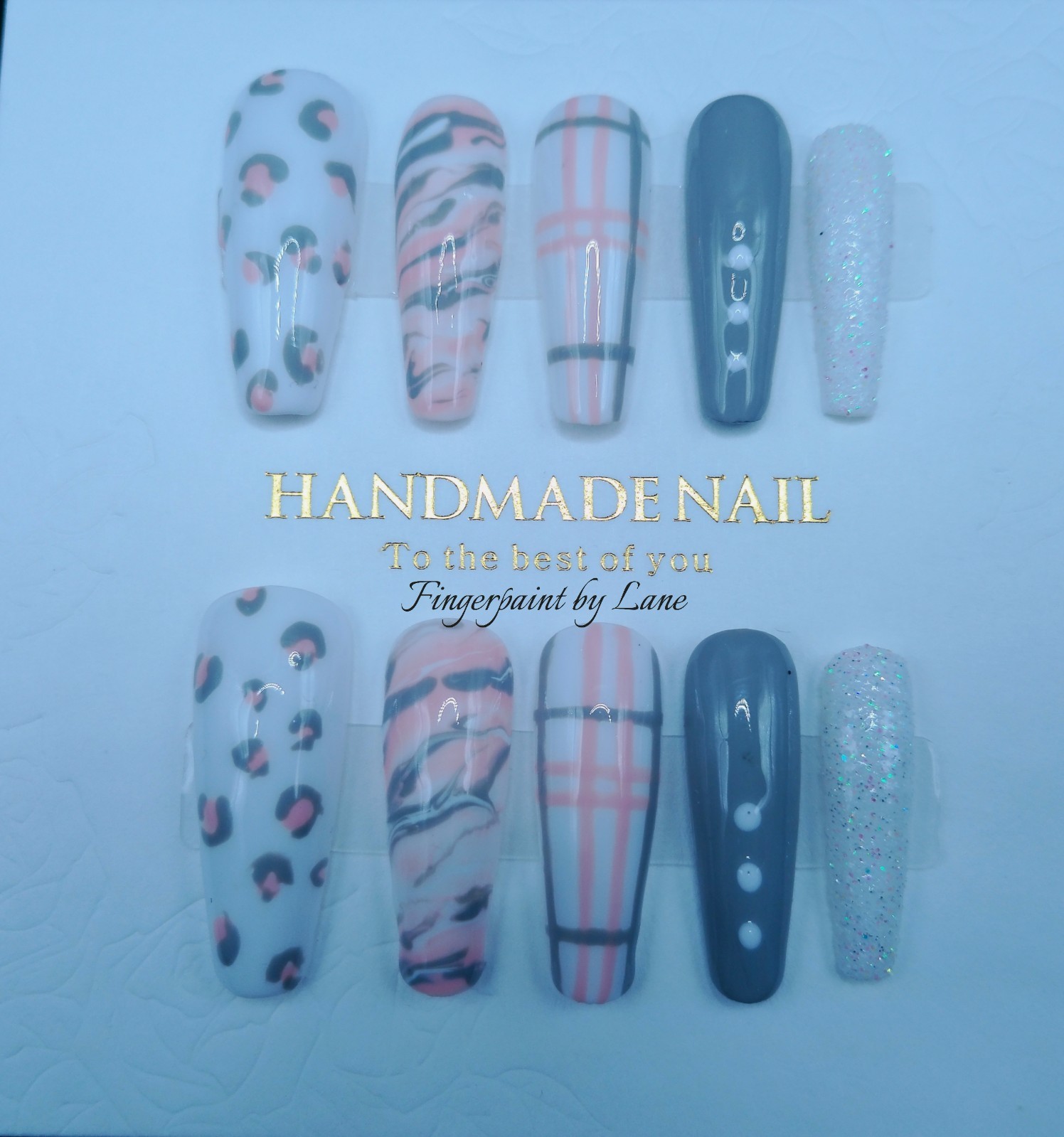 Peachy-Pink , White and Gray Long Coffin Gel Press-on Nails, Medium Size