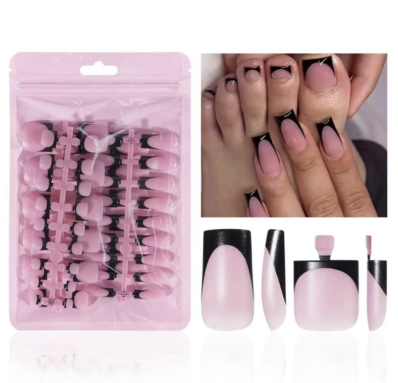 60PCS Pink Black French Tip Square Press-On Nails Full Cover for Fingers Toes