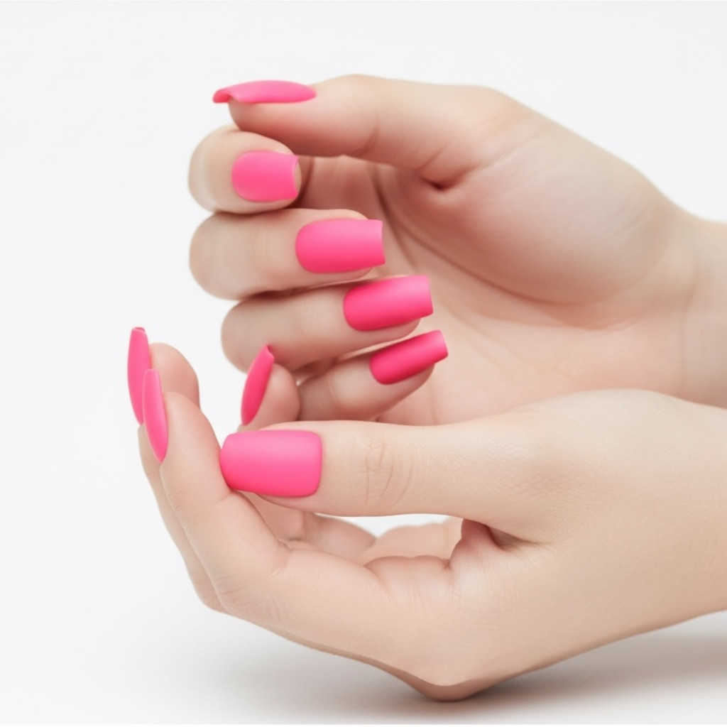 Hot Pink Matte Square Long Fake Glue On Artificial False Tips Press On Nails Set