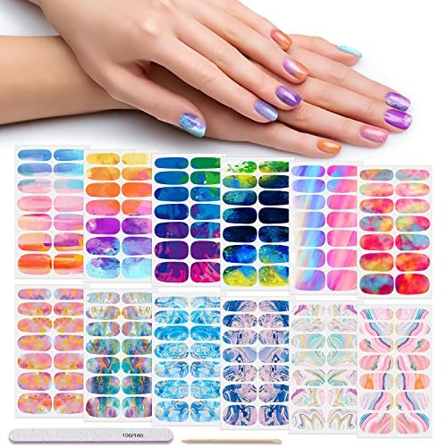 12 Sheets Nail Wraps Women’s Sticker Polish with Nail File, Rainbow Style