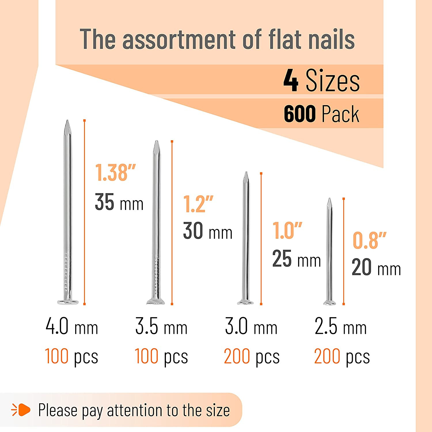 – Nail Assortment Kit, 600 Pcs, 4 Sizes, Silver, Small Nails for Hanging Picture