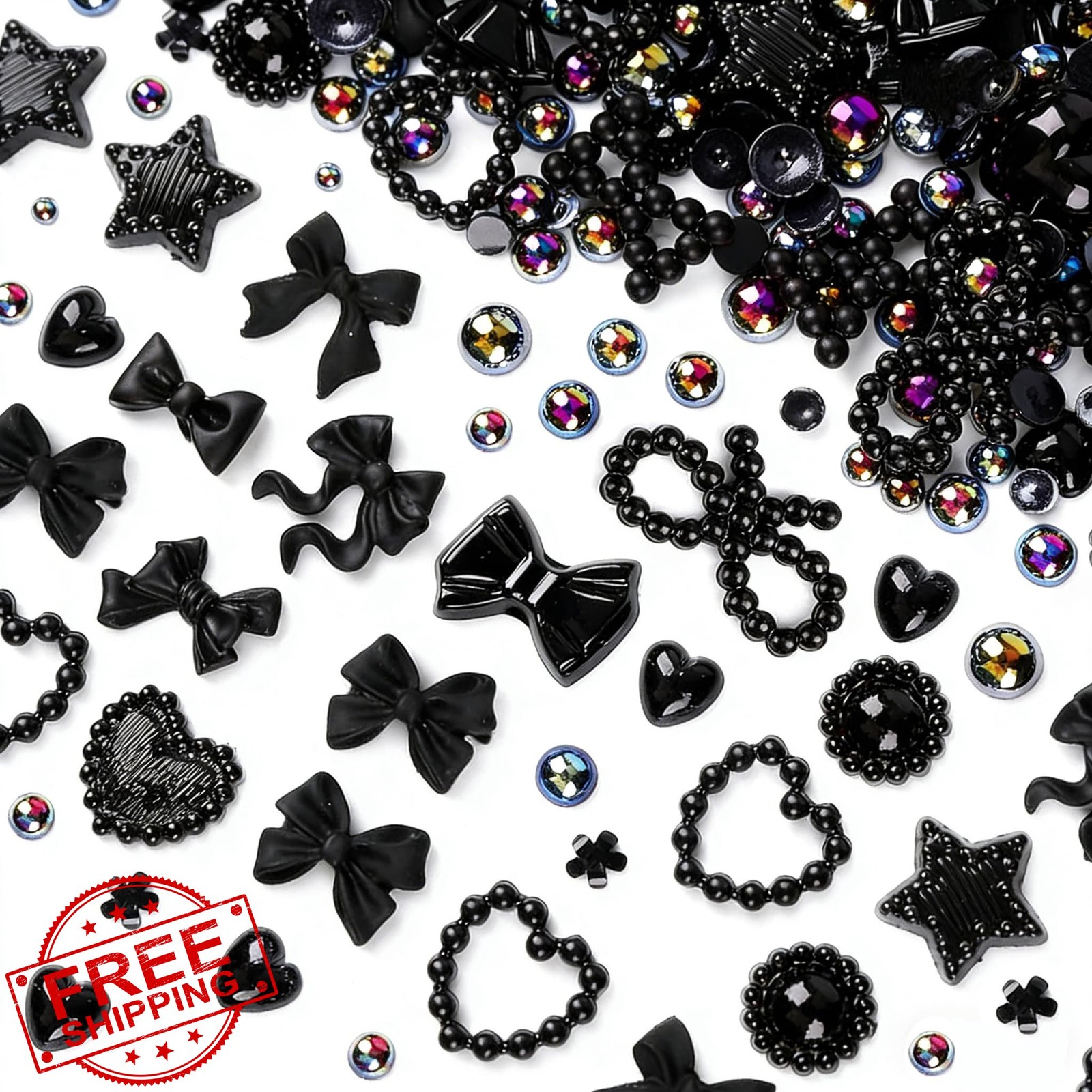 Tephrent 500pcs Black 3D Pearl Nail Charms Mix Styles