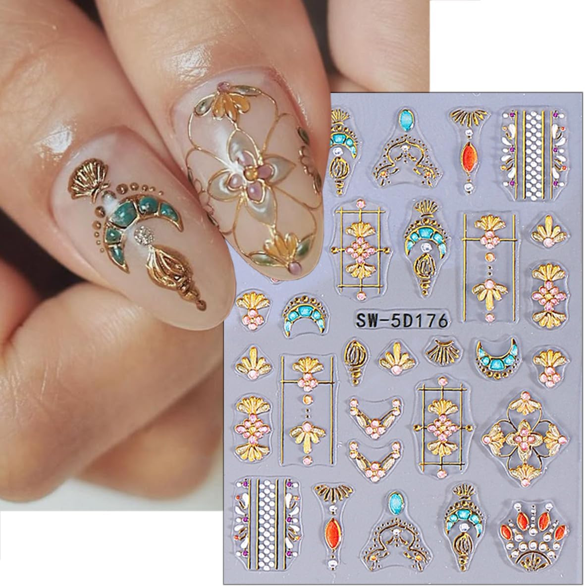 2 Sheets Bohemian Style Nail Decals Embossed Star Nail Art Stickers 5D Self-Adhe