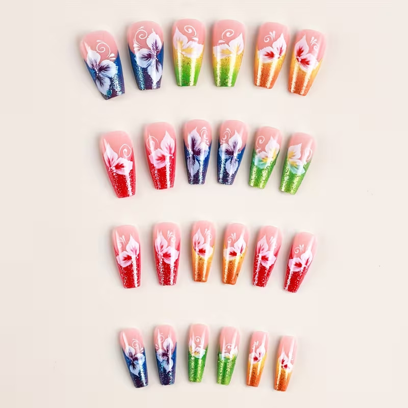 24pcs Long Ballerina Shape Press On Nails, Fake Nail With Colorful Flower