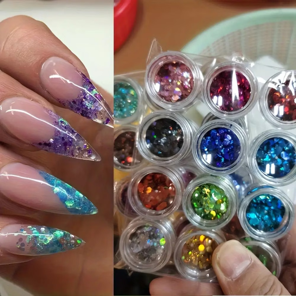 12 Colors Holographic Nail Glitter Set Iridescent Chameleon Hexagon Sequins DIY