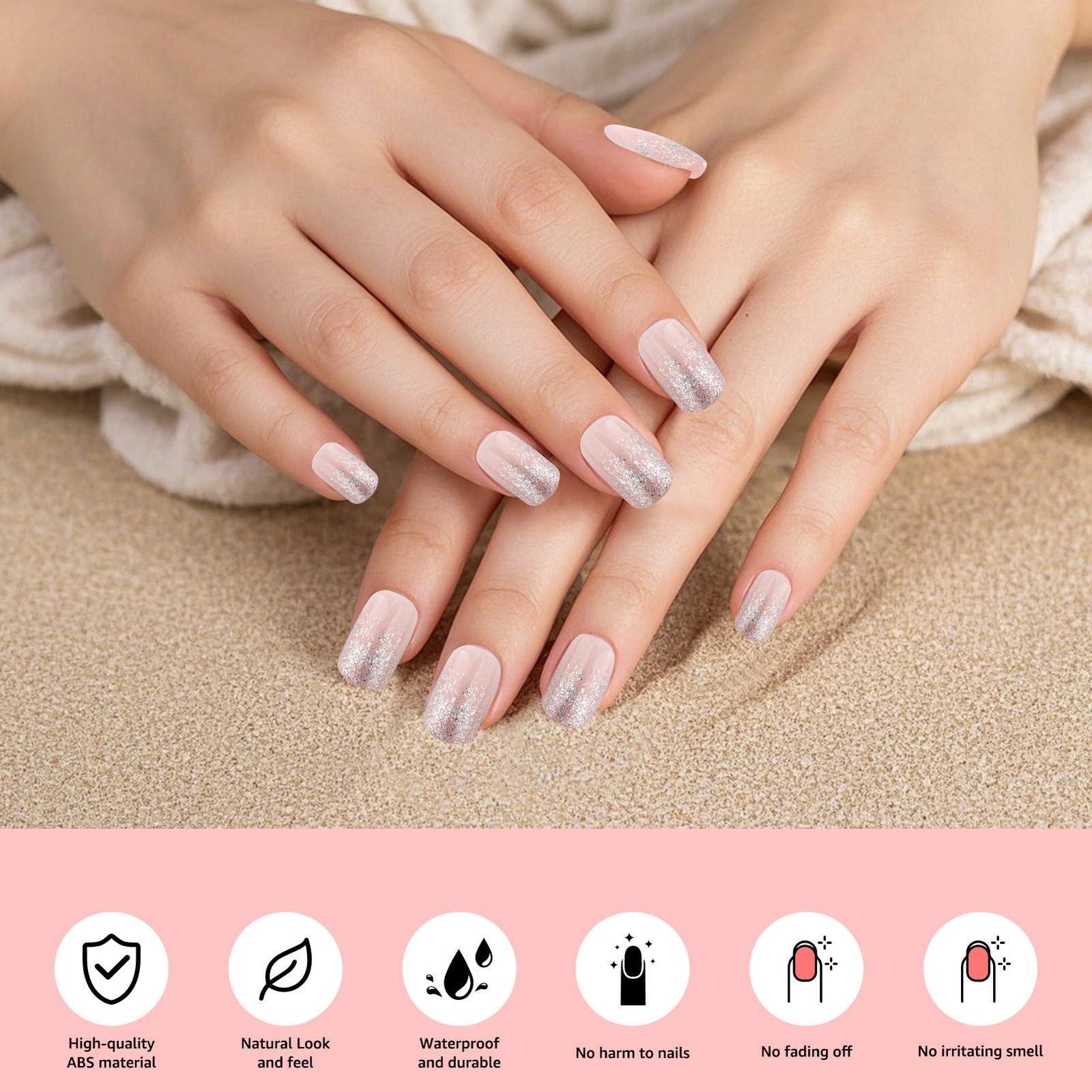 Silver Glitter French Tips Fake Nails, 24Pcs Pink Gradient Press on Nail, Spa…