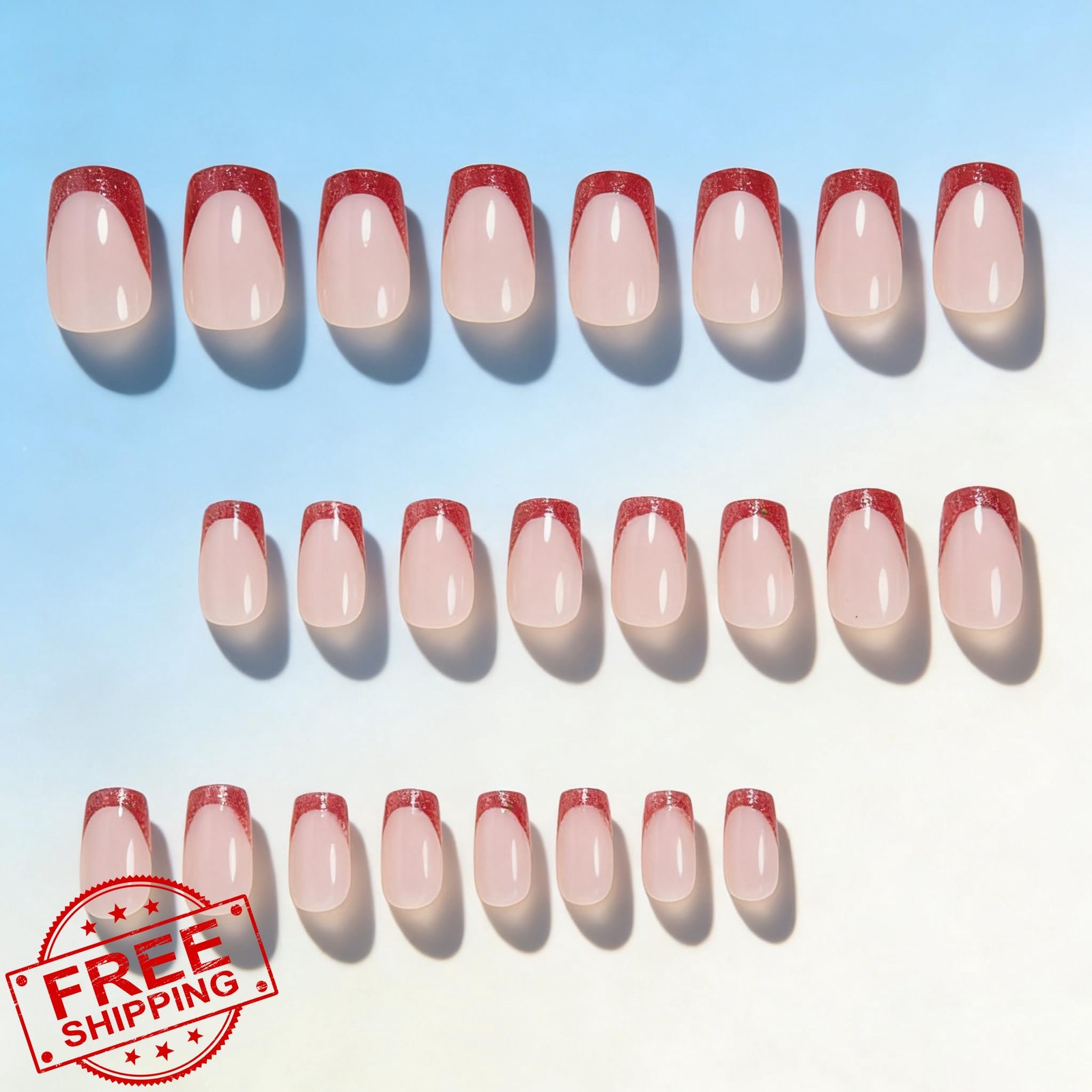 SXVME Red French Tip Press On Nails Medium Square Glitter 24pc