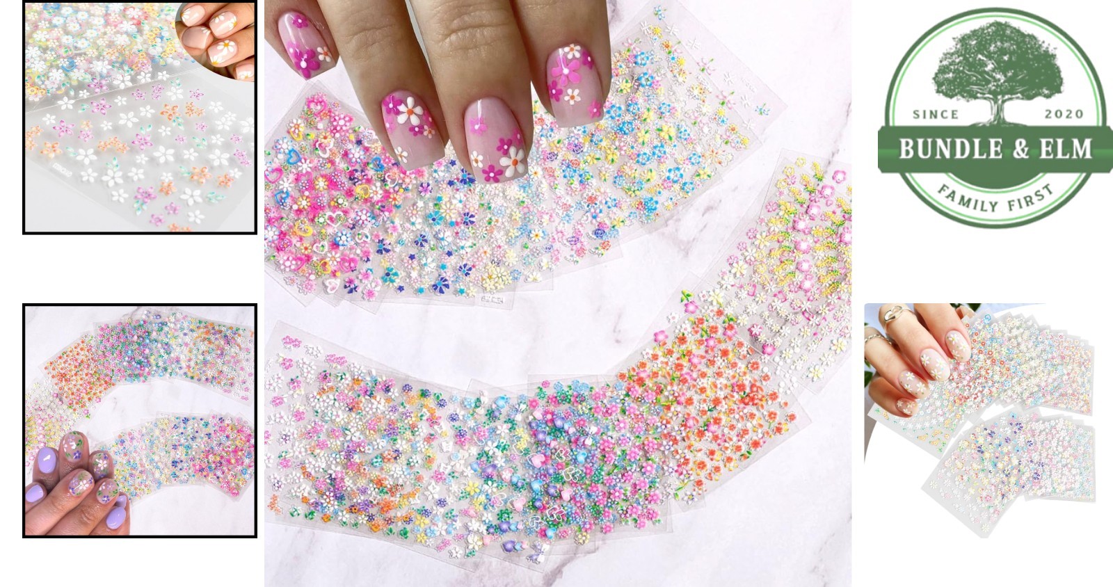 Self-Adhesive Nail Art Stickers with Colorful Floral Patterns and Hearts