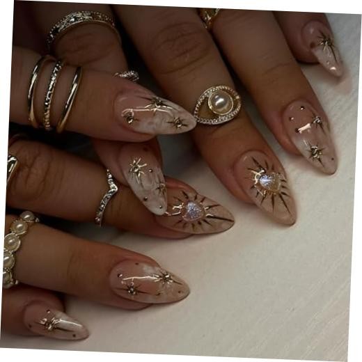 3D Boho Stars Gold Press On Nails Almond Medium 30 Pieces (Pack of 1) Q-1029