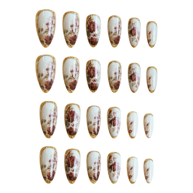 48Pcs-Medium Almond Vintage Red Rose Gold Border Press on Nails Art Set