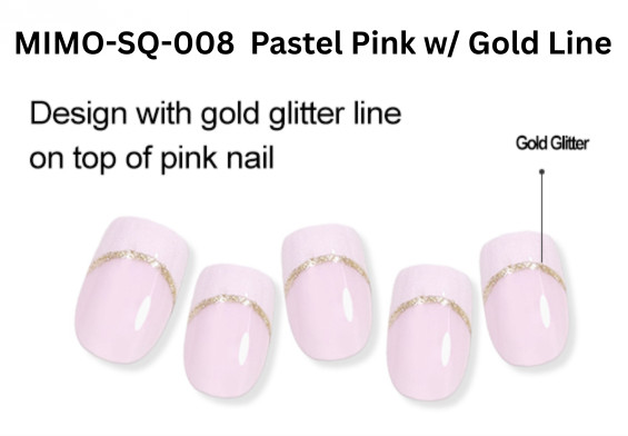 THE MIMO Press-On Nails Square – Pastel Pink with Gold Glitter Line, 24pcs Reusa