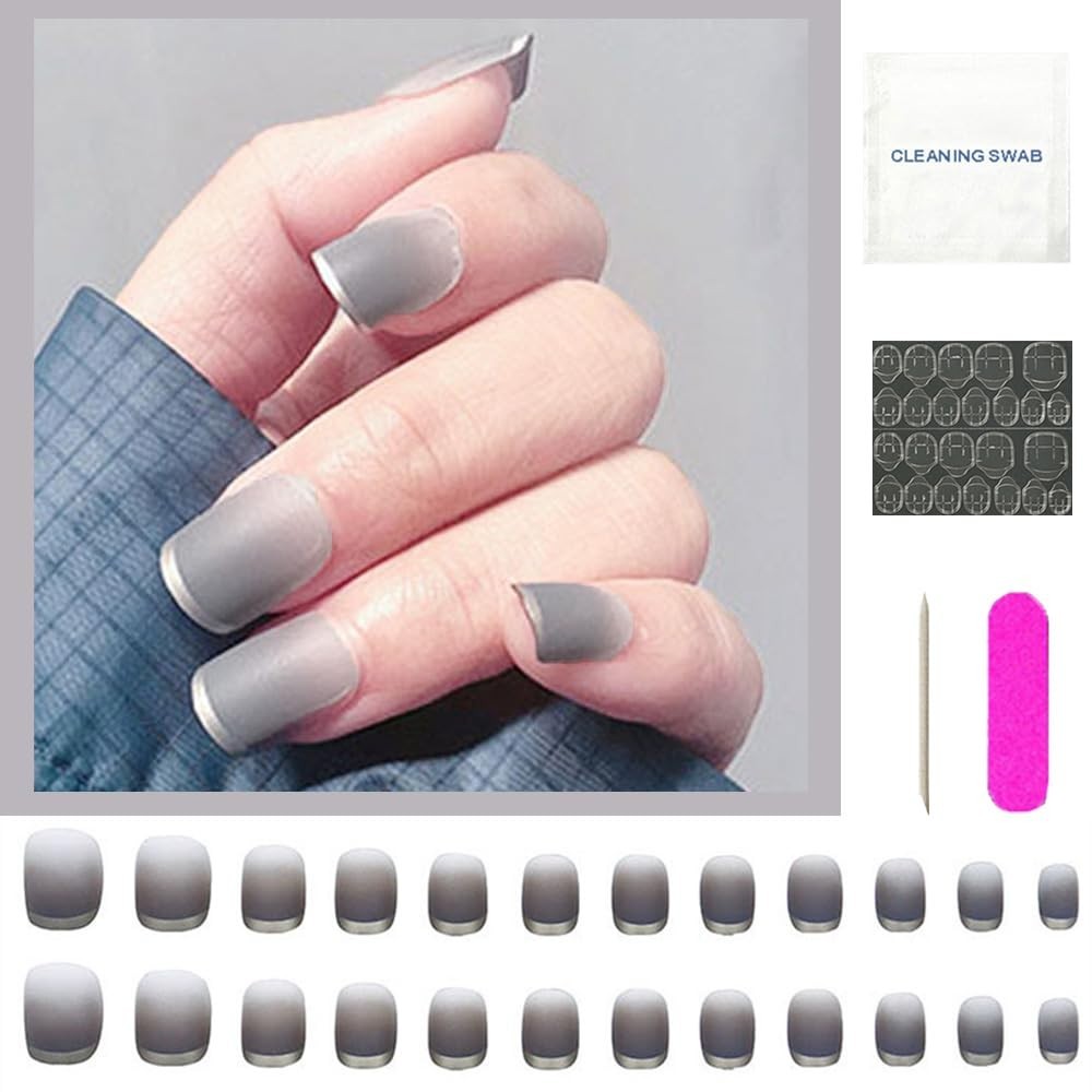 Secret Lives Matte Reusable Square Shape Translucent Grey Color 24 Nail Set