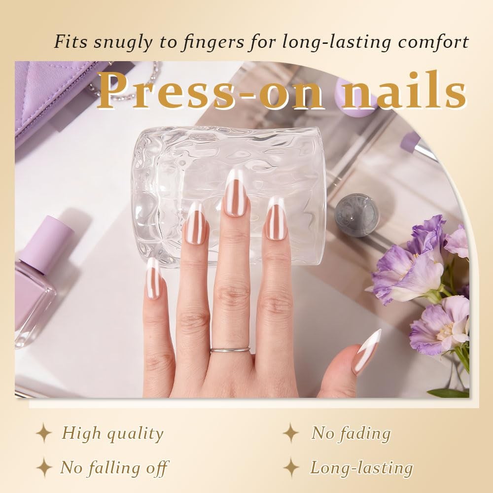 evpct French Tip Chrome Glazed Almond Nails Nude Brown/White