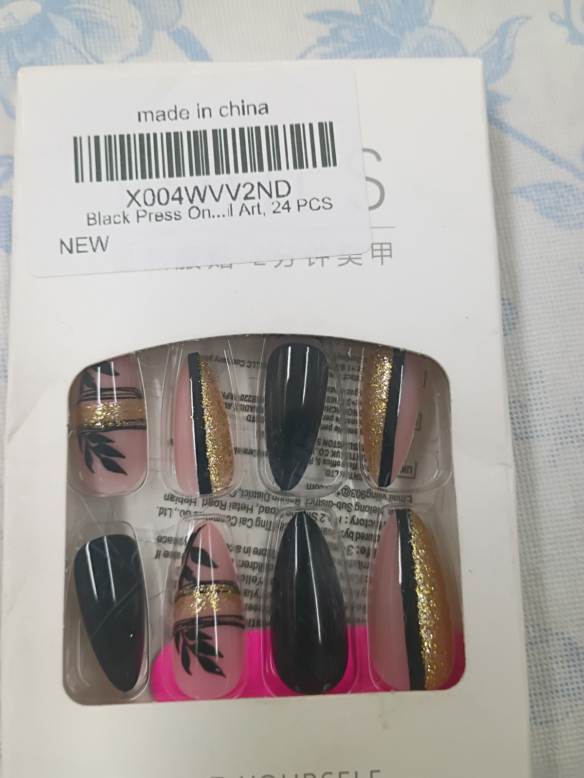 Press-On Nails Long Coffin Black Pink Gold Glitter Leaf Acrylic Pre-Designed