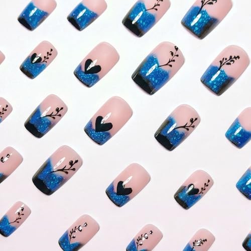 Blue Gradient French Tip Press on Nails Short Square Shaped False Style 14