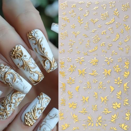 6 Sheets Gold Nail Art Stickers 3D Self -Adhesive Golden Gold Flower Leaves