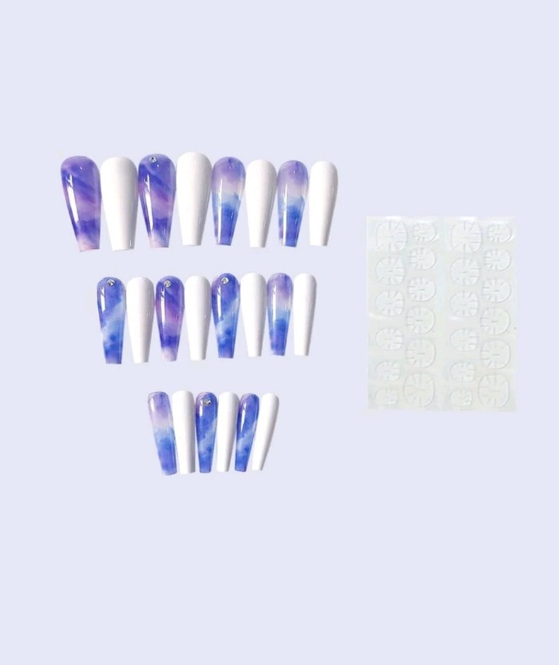 Medium Coffin/ Purple Marble/ White with gems / Matte/ Glossy / Press On Nails