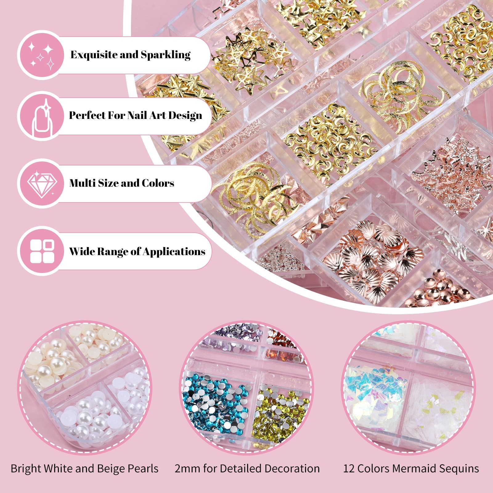 Kikonoke 10 Boxes Nail Art Kit – 12 Colors Pointed/Flatback Set 1 – 10