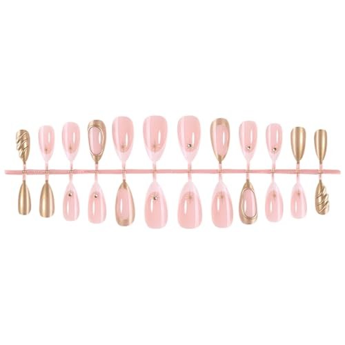 French Tip Press On Nails Medium Almond Fake Nails Gold False normal-nails13