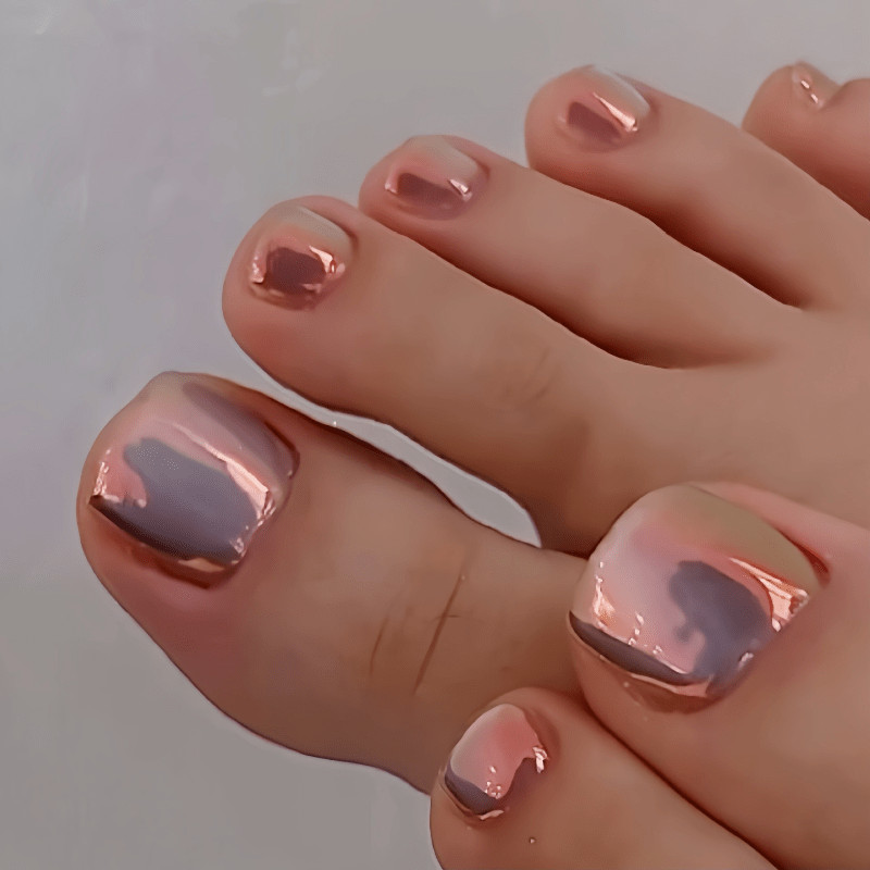 48pcs Short Square Toe Press on Nails, Pink Rose Mirror Solid Foot Nails