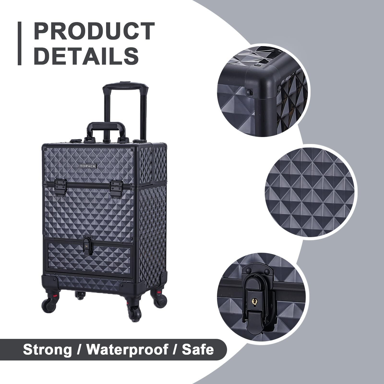TOPACK Rolling Makeup Train Case,360°Rotaing Wheel Aluminum Cosmetic Case w