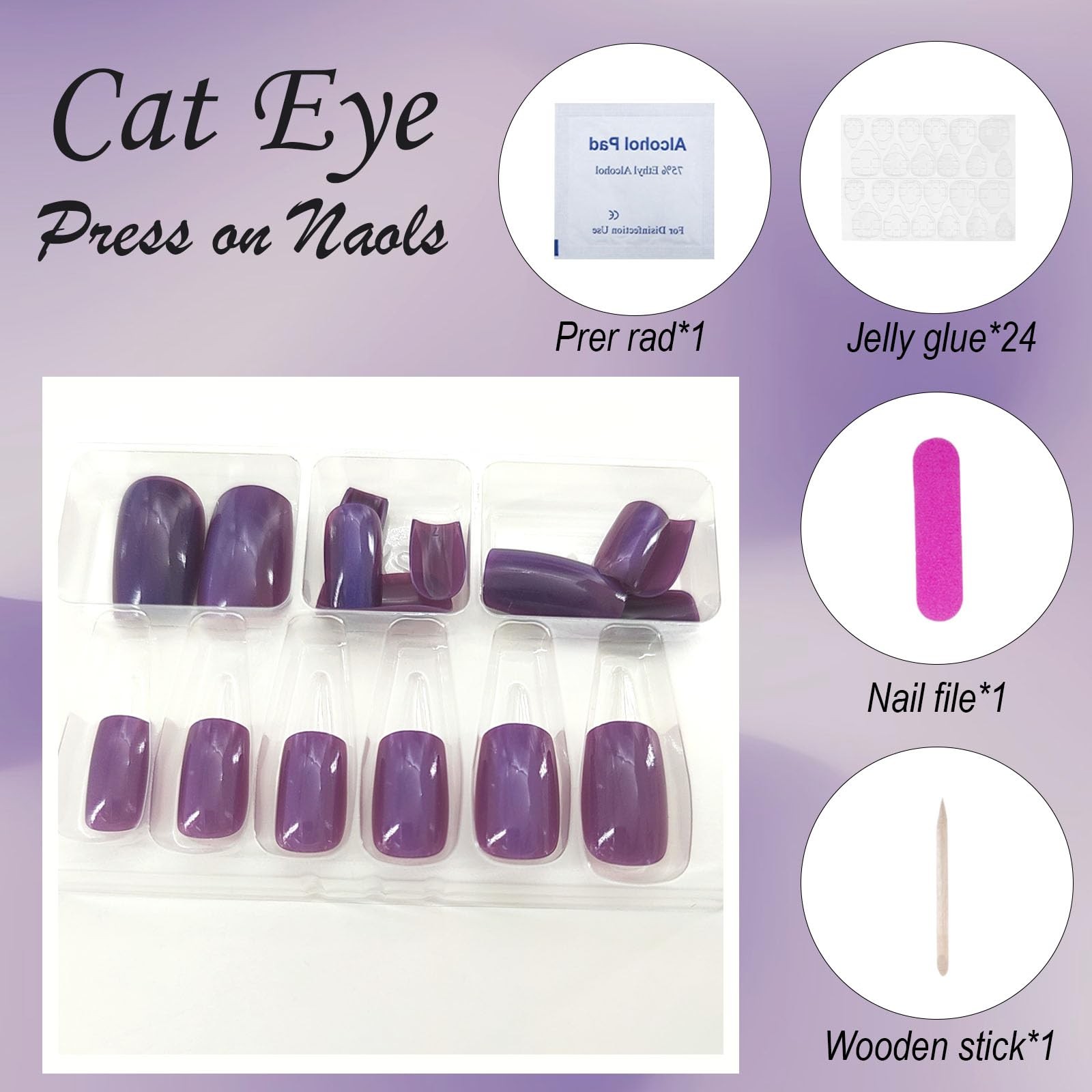 Dark Purple Press on Nails Mediumt Square Fake Nails Cat Dark Purple Cat Eye