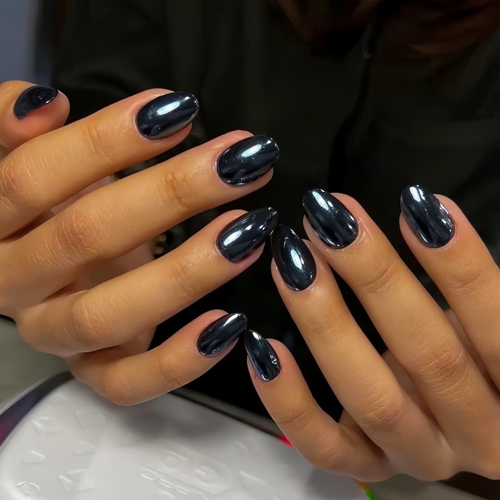 KXAMELIE Ash Black Chrome Press On Nails Short, Shiny Extra Short Almond Pres…