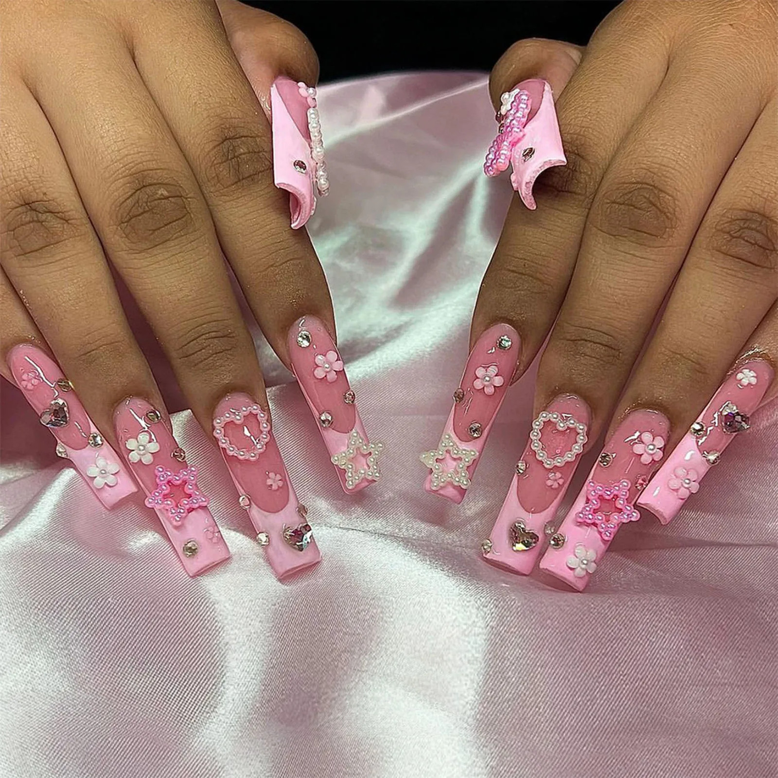 24Pcs French Bow 3D Flower Coffin Ballet Bride Press On Nails