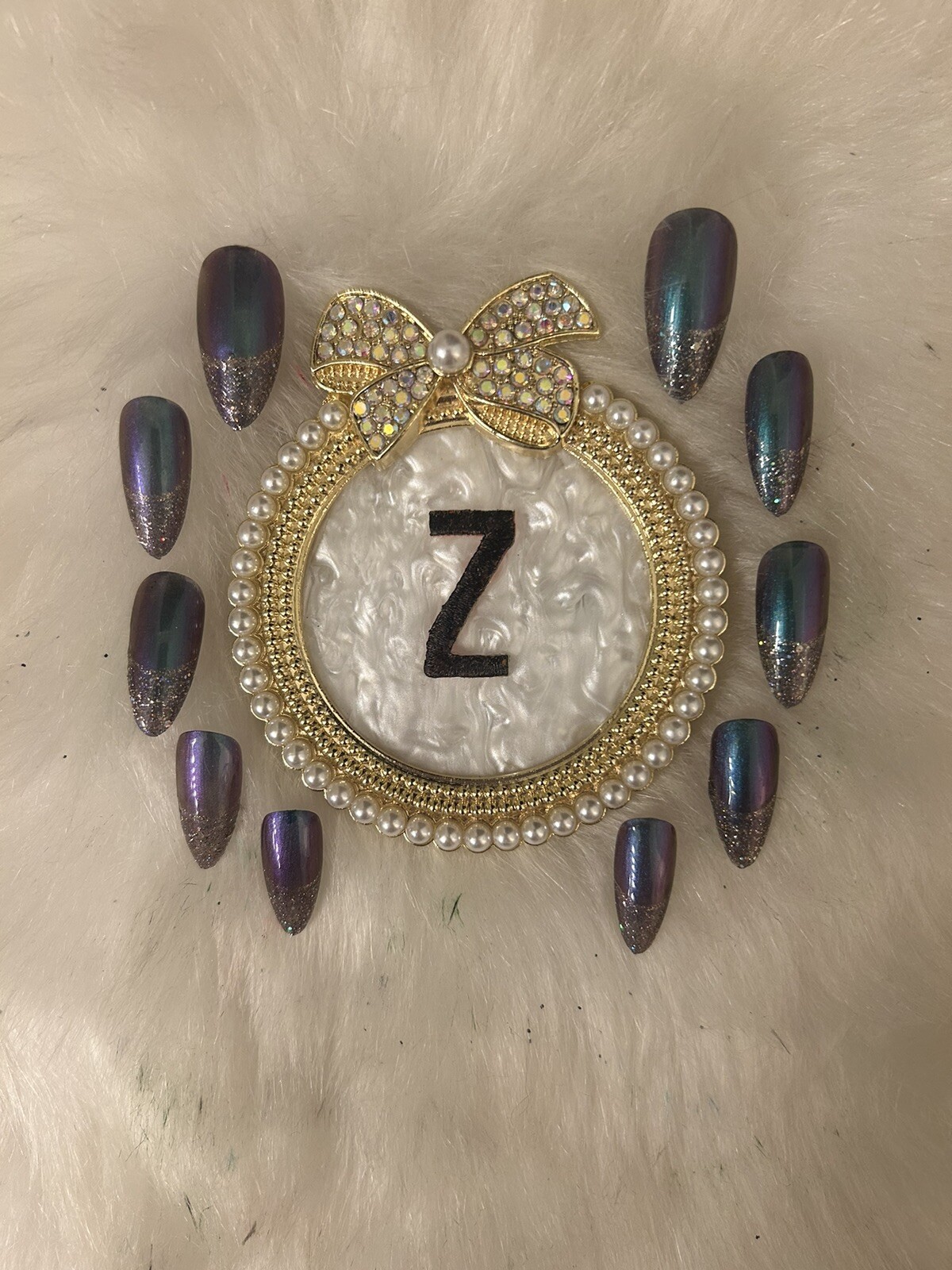 Z NAILZ! Gorgeous Handmade M Almond Green, Purple & Gold Reflective Press Ons
