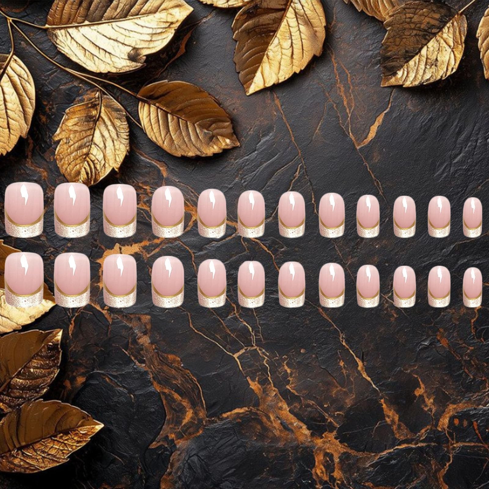 French Tips Press on Nails 24Pcs Glossy Gold Curve Line Short Square False Na…