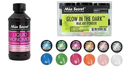 New Mia Secret Monomer 4 Ounce + GLOW IN THE DARK Nail Art Powder 6 Colors Set