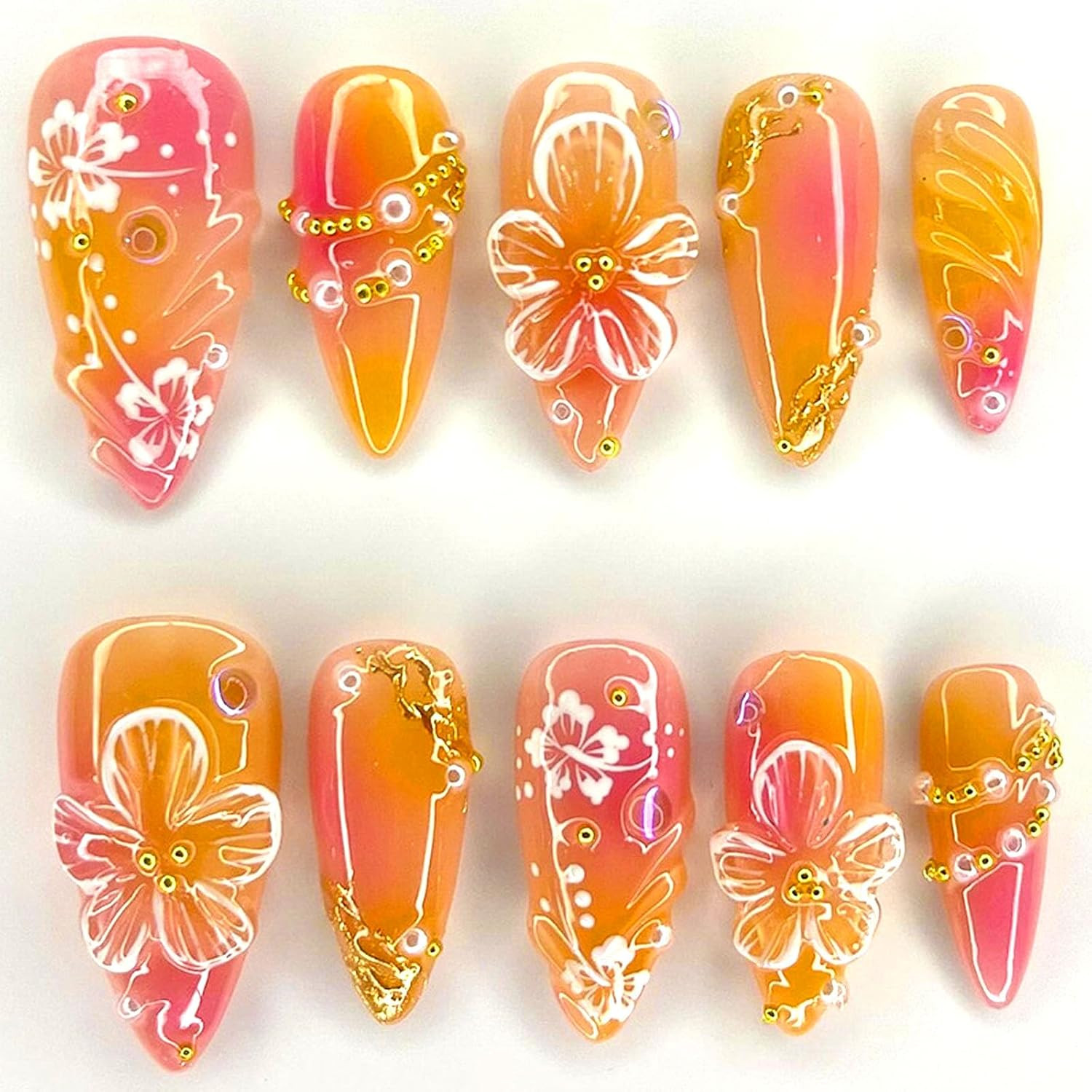 24Pcs Flower Press on Nails Almond Medium Stick on Nails Yellow 3D Floral Pearl