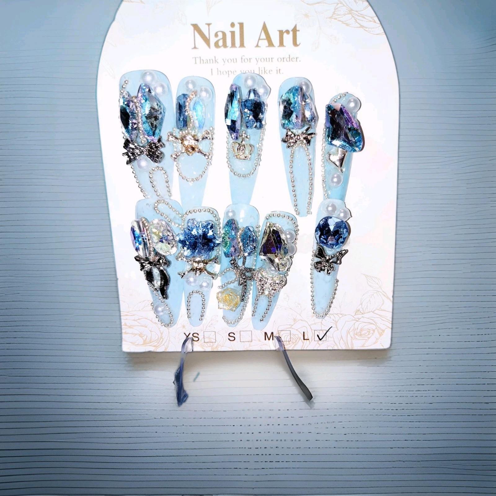 Long Blue Silver 3D Shiny Sparkle Oval Press-On Nails Full Cover Size L
