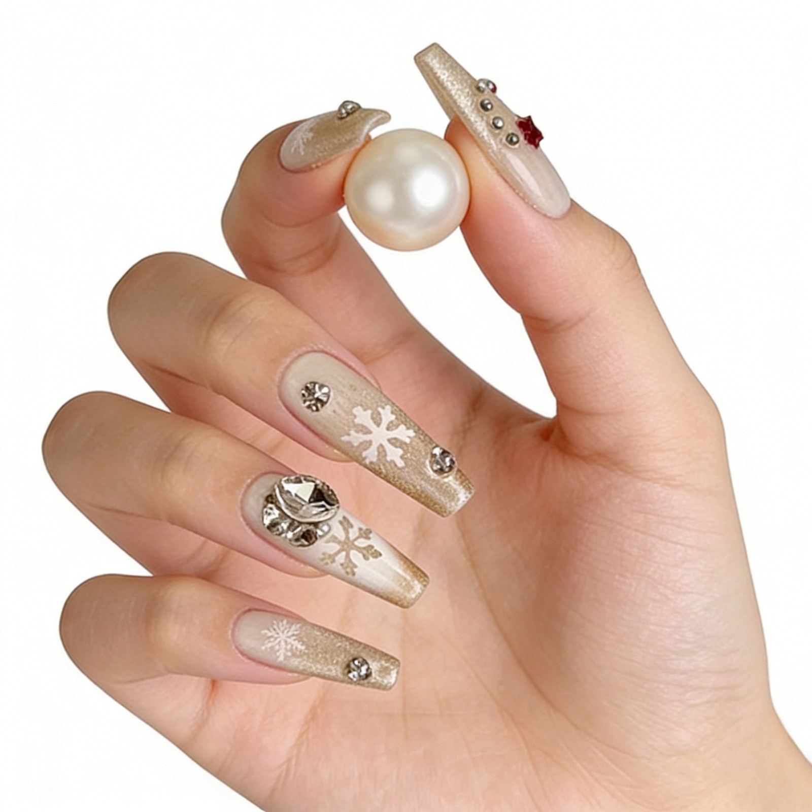 Christmas Glitter Press On Nails Long Coffin Gold Snowflake Rhinestone Set