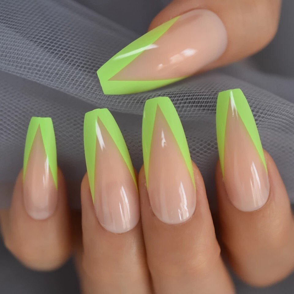 24 Nude French rim neon green border press on nails kit glue v shape