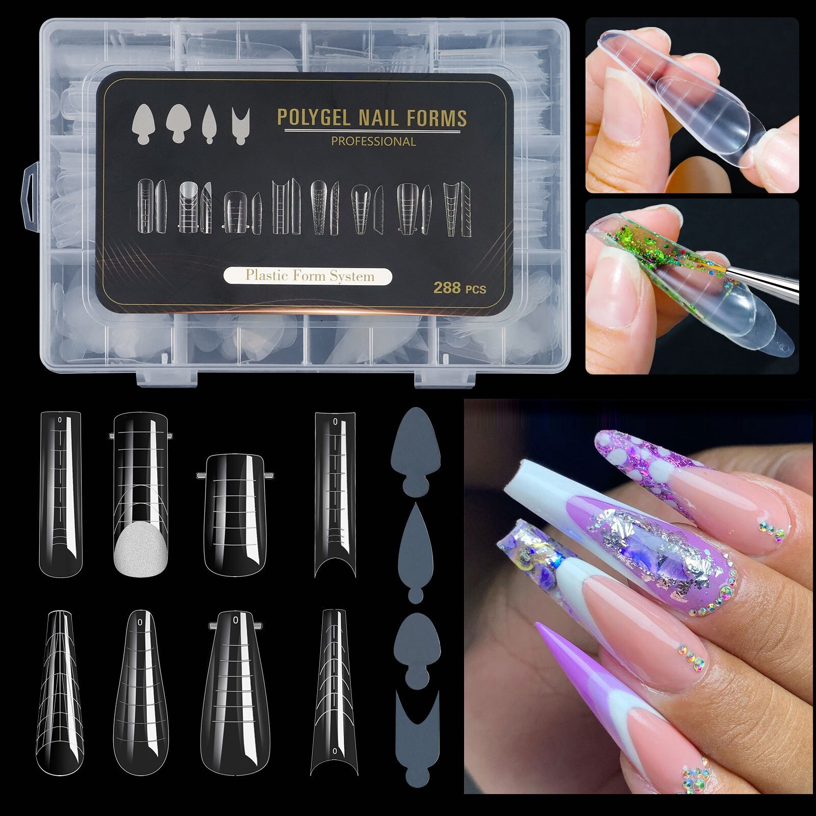 288Pcs/Box Poly Nail Gel Extension Mold Tips Nail Art Dual Quick Building Forms