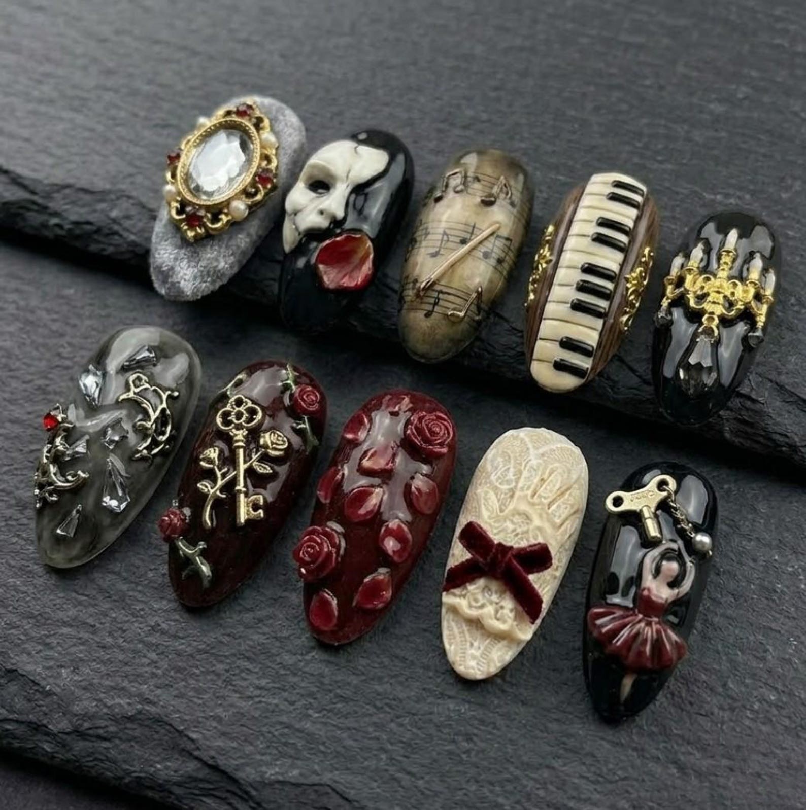 Handmade Phantom Opera Music Rose Lace Medium Almond Press on Nails