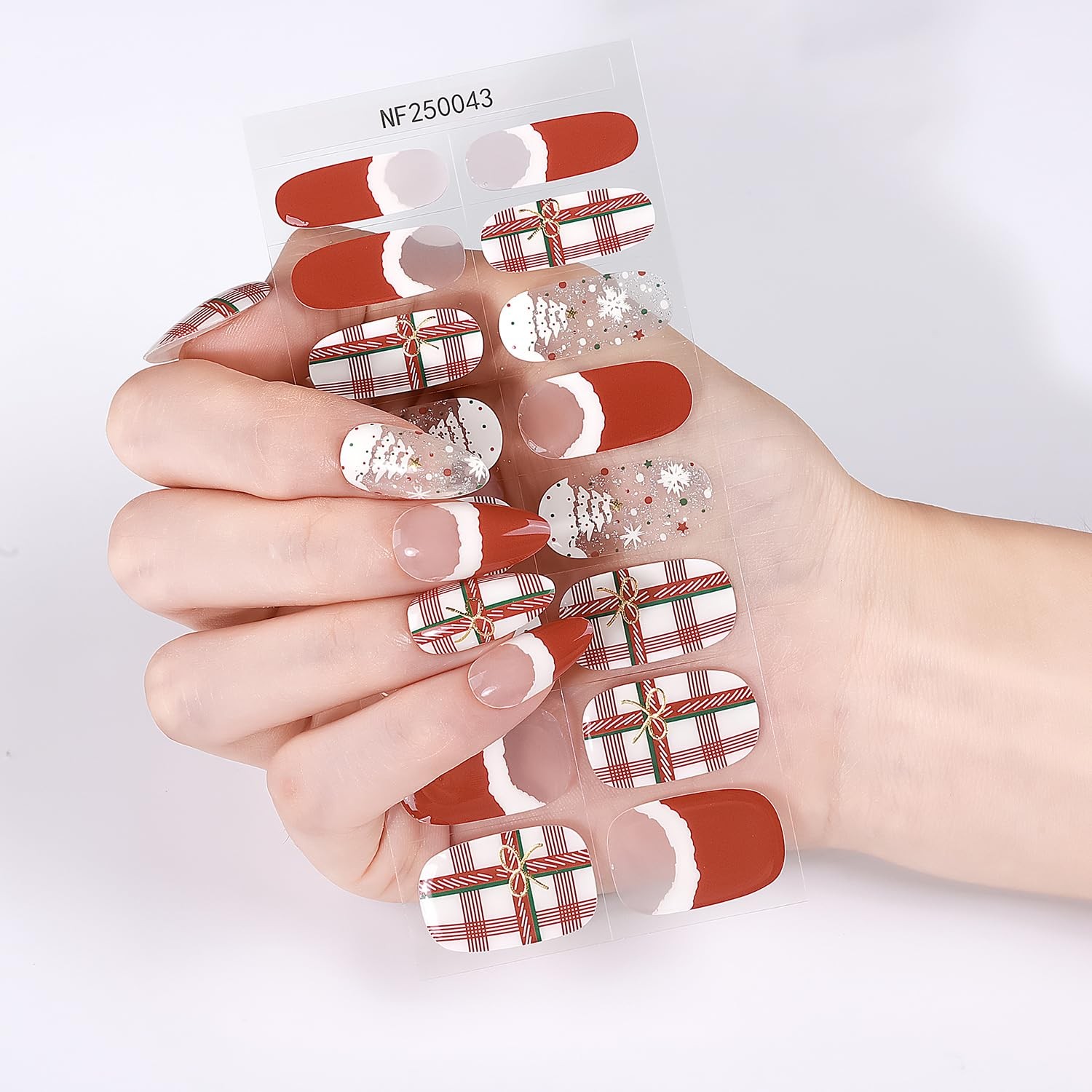 Christmas Semi Cured Gel Nail Strips, 16 Pcs Winter Xmas Gel Nail Stickers Ch…