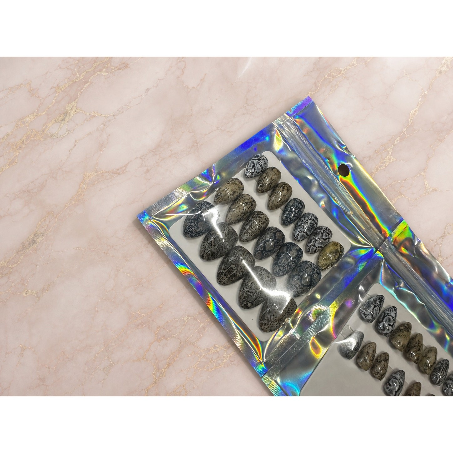 Handmade Snakeskin High Apex Almond Press On Nails 30 Piece Reusable Set