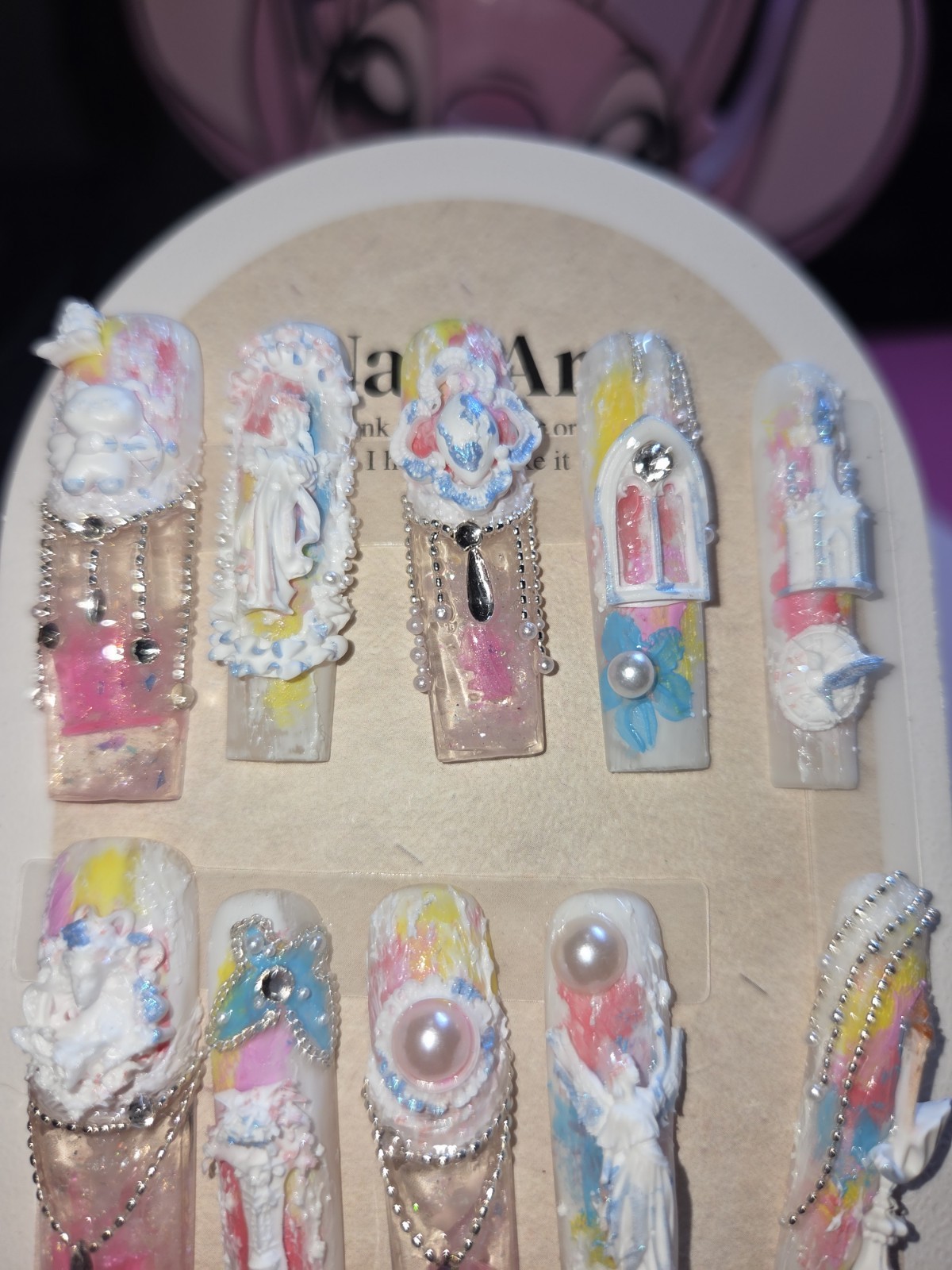Press On Nails Handmade Medium Angel necklace, rainbow candle castle aqua water.