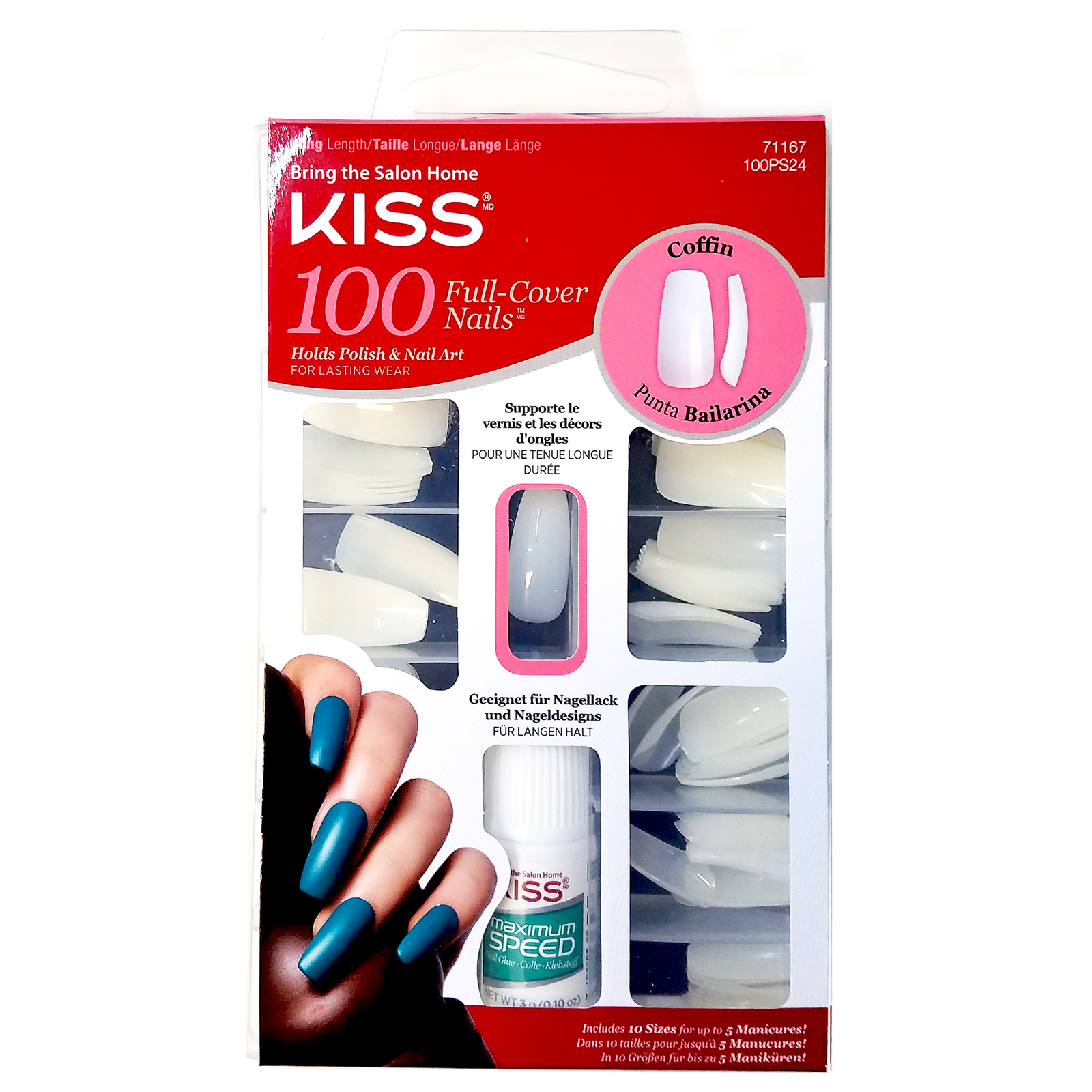 KISS BALLERINA COFFIN 100 TIPS #71167 100PS24 LONG FULL COVER NAILS DURABLE